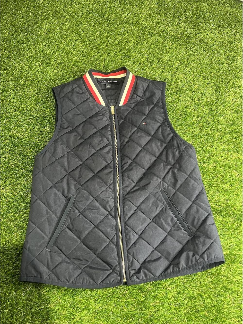 Tommy Hilfiger Black Quilted Zip-Up Vest with Stripe Trim